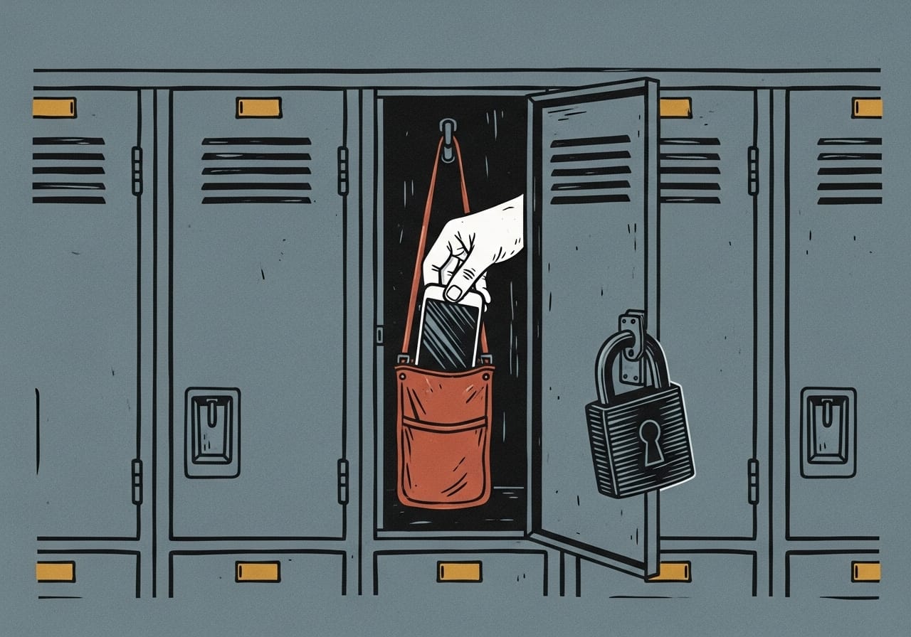 Woodblock print on slate blue paper showing a hand depositing a smartphone into a secure brick red pouch inside a heavy-duty school locker with a padlock graphic.