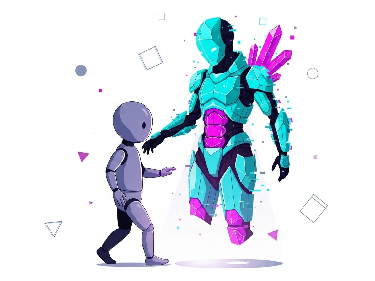 A plain grey mannequin figure stepping into a vibrant, glowing suit of cyan digital armor. Visualizes a "skin" as a decorative layer applied over a default character.