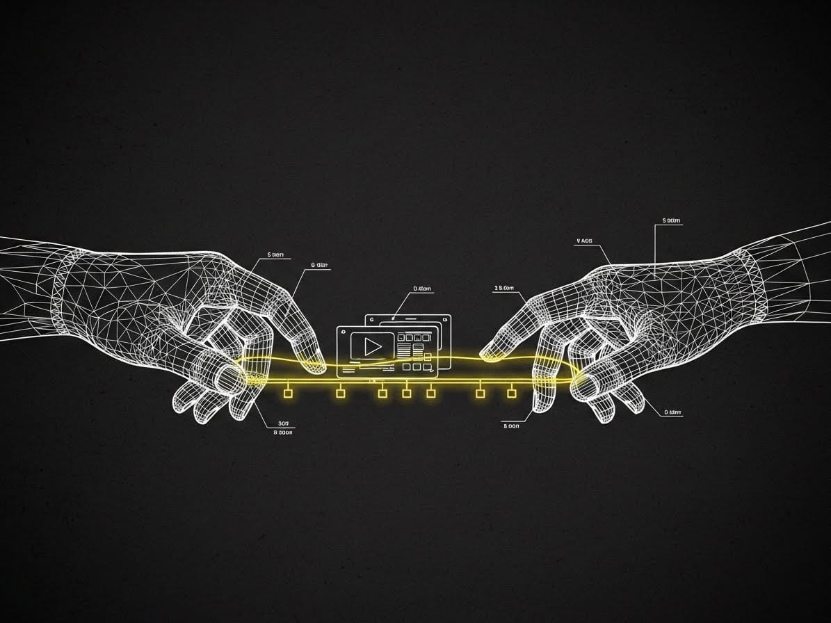 Human and wireframe hands weaving a glowing yellow thread representing a video timeline. Symbolic of the child-algorithm partnership in the co-production era.