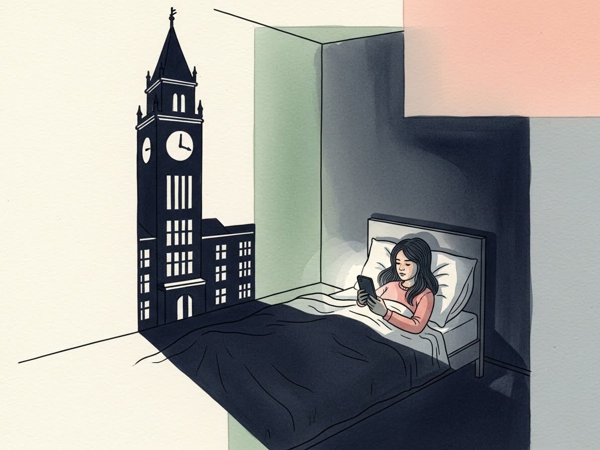 A dark watercolor room where a girl’s phone casts a long, sharp shadow of a school tower. Represents the 24/7 nature of digital school surveillance.