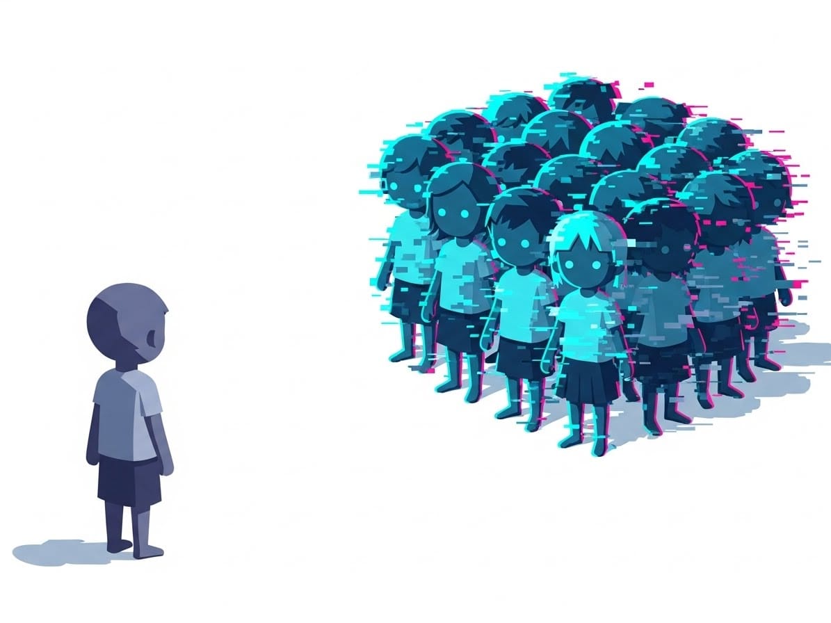 A lonely, grey "default" avatar stands isolated, looking at a group of vibrant, glowing friends. Represents the fear of social exclusion and being an outsider in games.