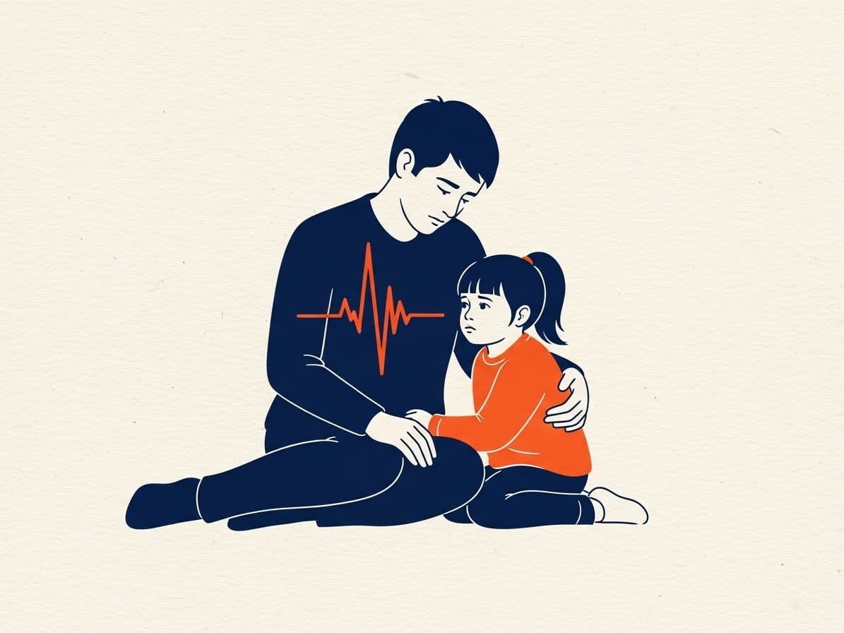 Editorial art: a parent wobbles under blocks of "Calm" and "Patience." Shows how the pressure to never lose our cool drives feelings of failure and low self-efficacy.