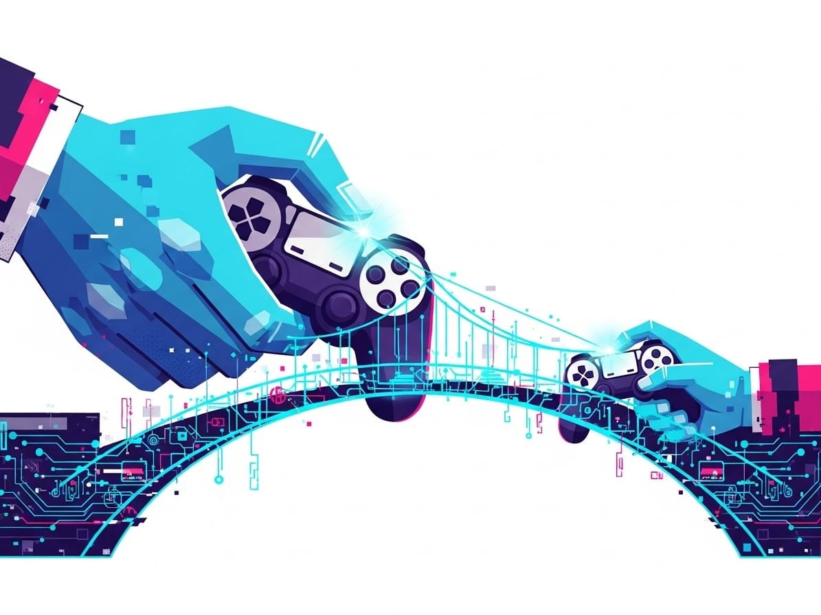 Adult and child hands holding a game controller, connected by a glowing bridge of digital data streams. Symbolizes bridging the generational divide through understanding.