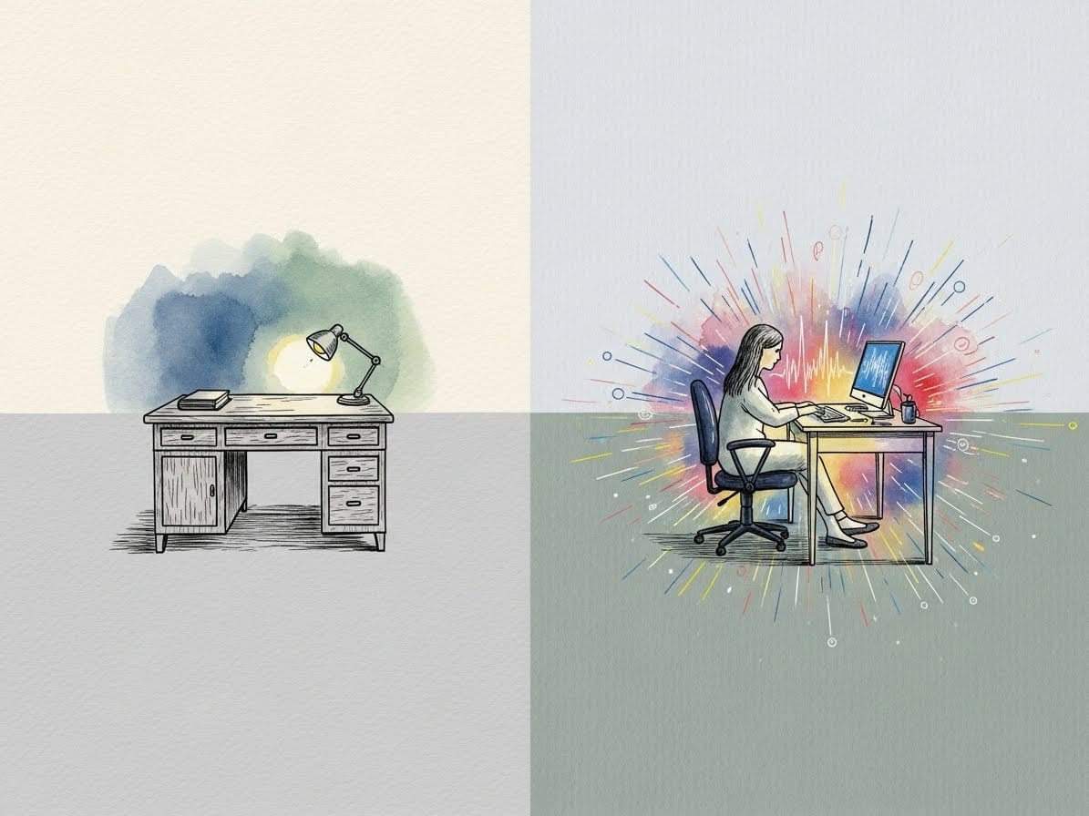 A split-screen comparing a quiet 1990s desk with a 2026 desk buzzing with digital watercolor pulses, showing the modern relentless school environment.