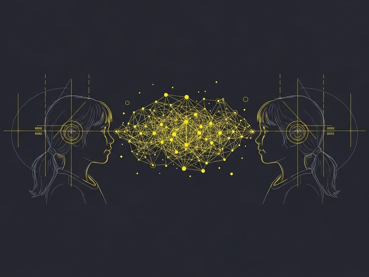 Two child silhouettes in fine white lines sharing a glowing yellow data cloud of geometric nodes. A technical blueprint representing the collaborative "Algorithmic Gossip" of digital secrets.