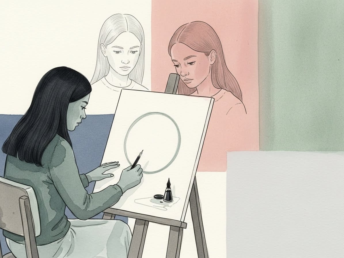 A girl drawing a circle while a her faint ghostly inner self watches on. Illustrates the "internalized pressure" high school girls set for themselves.