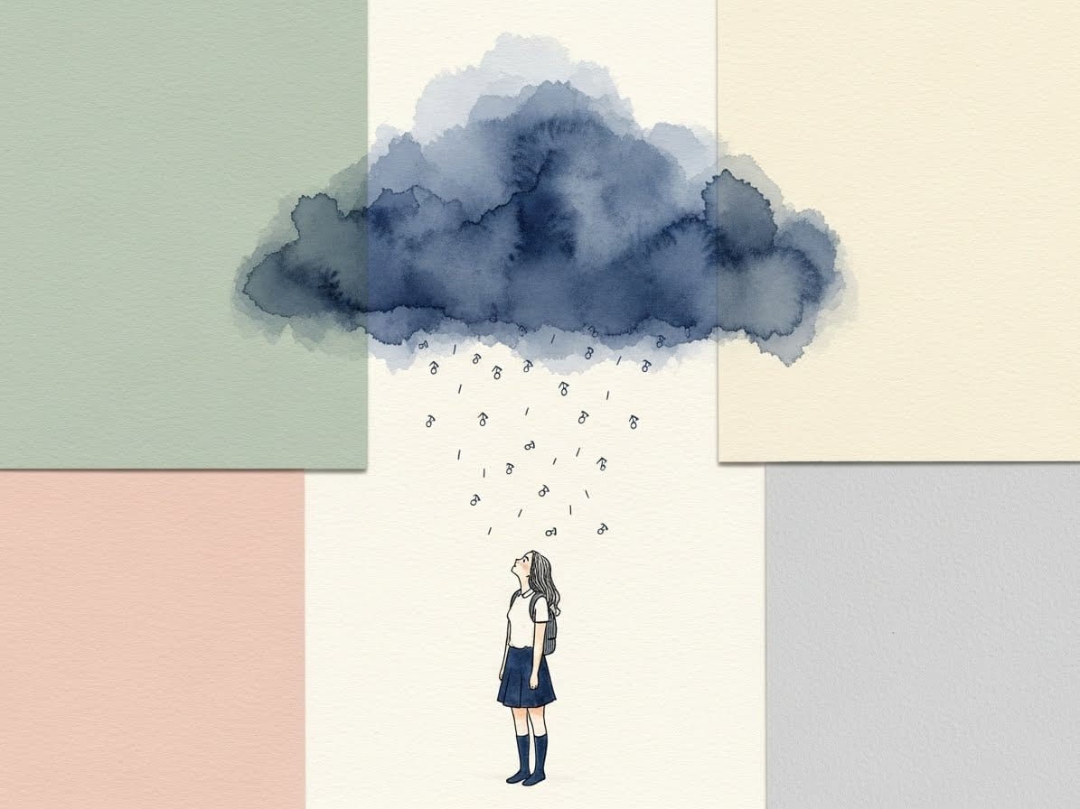 A teenage girl stands beneath a heavy indigo watercolor cloud with faint ink-drawn grade symbols falling like rain. Symbolic of the weight of academic achievement.