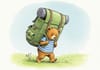 A small bear stooped over while carrying an impossibly huge, heavy green backpack through a meadow, representing the invisible emotional burden of trauma.