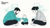 Editorial line-art for The Inquisitive Parent: Two parents sit calmly on the floor with their baby, with teal geometric accents symbolizing the science-based 'why' of child development.