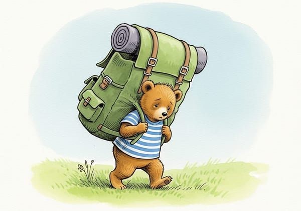 A small bear stooped over while carrying an impossibly huge, heavy green backpack through a meadow, representing the invisible emotional burden of trauma.