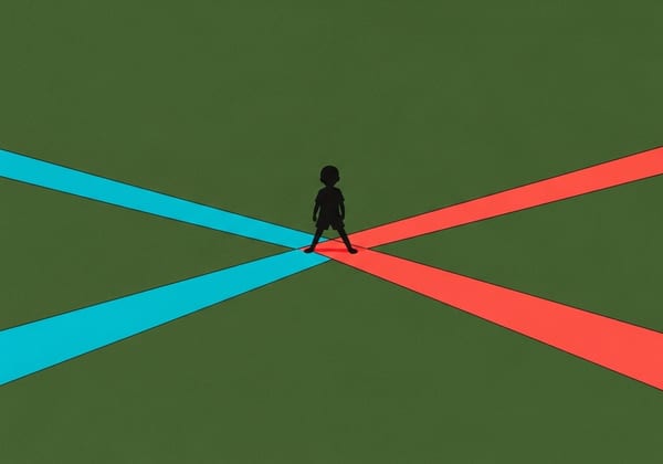 Bauhaus illustration on green paper. A path forks in two. A barrier blocks the turquoise route, forcing a child silhouette onto a long, solitary electric coral path.