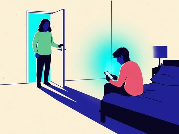 Editorial illustration of a teen on a bed in glowing indigo light, while a parent stands in a sage silhouette in the doorway. A quiet scene of shifting digital responsibility.