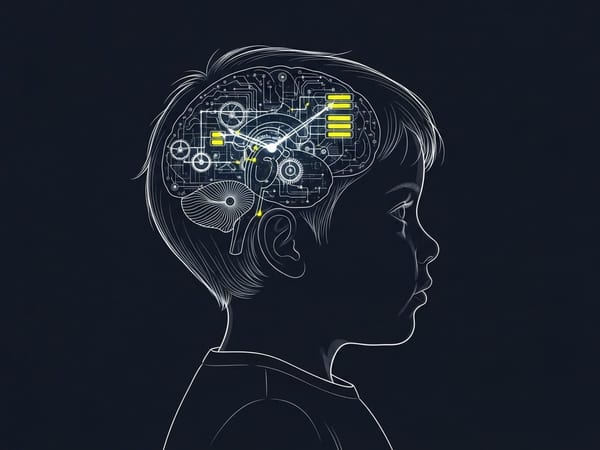 Minimalist child silhouette with a glowing white geometric network inside the head. Technical vector line-art on a deep charcoal background symbolizing algorithmic thought.