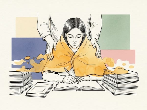 A golden watercolor wash draped over a girl's shoulders by a parent, fading out the stressful lines of schoolwork. Symbolic of permission to be human.
