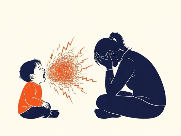 Editorial art: a child screams in orange scribbles while a parent sits in navy silhouette. Captures the sensory overload and "standoff" of parental burnout.