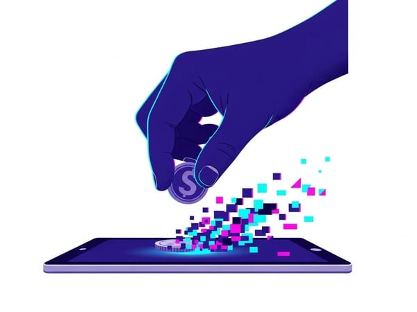 Graphic illustration of a hand dropping a coin onto a tablet. The coin dissolves into cyan and magenta pixels, symbolizing real money transforming into digital goods.