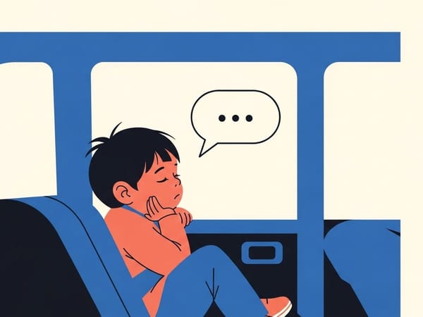 Minimalist illustration of a bored child in a car seat looking out the window, with a speech bubble showing an ellipsis, using flat blue and coral colors.
