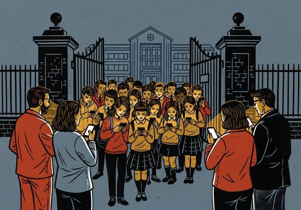 WPA poster art on slate blue paper of a group of teenagers outside school gates, all looking down at glowing smartphones while parents look on in the foreground.