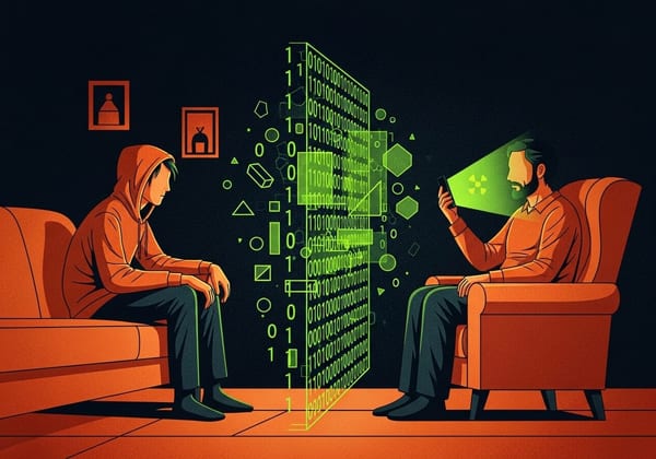 Vector art of a teen on a sofa and a parent in a chair. A wall of lime-green binary code separates them, symbolizing the invisible barrier caused by the parent's phone use.