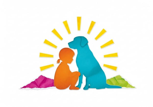 Tissue paper silhouette of a child and a large dog sitting closely, surrounded by radiating sun-yellow lines on a white background.