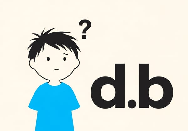 Minimalist vector illustration of a boy looking confused next to the letters d and b, illustrating mirror writing.