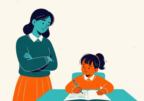 An illustration of a child sitting at a desk reading a math problem. A parent stands a respectful three feet away, smiling with arms crossed.