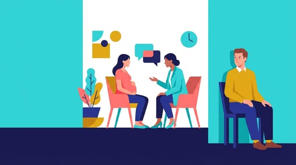 Illustration of an expectant father sitting isolated in a clinic room while the doctor and pregnant mother converse, showing the physical exclusion of men in maternity care.