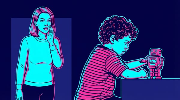 Neon pop-art illustration of a mother calling out to her son, who is deeply focused on playing with a toy and completely unaware of her voice.