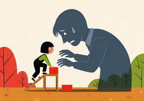 Illustration of a girl in a green shirt climbing a small wooden block while the giant, dark shadow of an anxious adult looms over her.