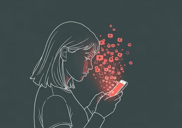 White line drawing of an adolescent girl looking at a smartphone on a teal background. A coral glow and notification icons radiate from the screen, representing digital distraction.