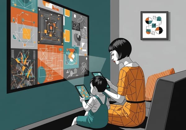 Graphic illustration of a mother and child on a couch with multiple screens displaying abstract grids, representing a high-screen environment where direct interaction is missing.